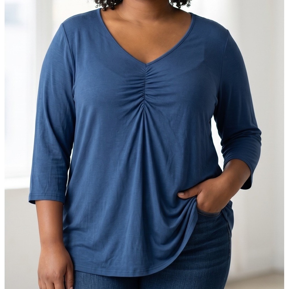 Monnuro Shirt Womens‎ Plus 3XL Blue V-Neck 3/4-Sleeve Swing Top Blouse Tunic